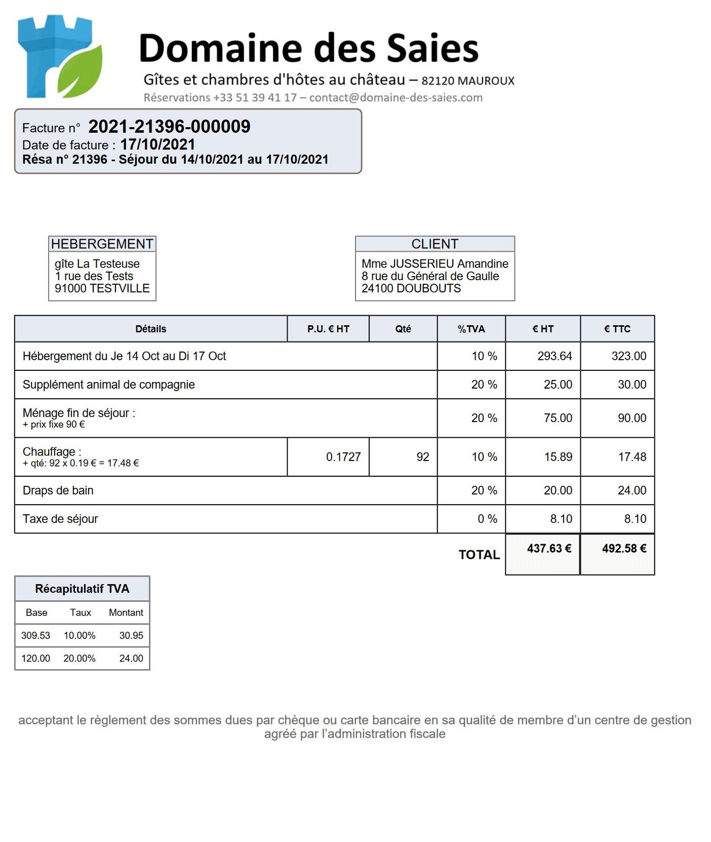 Exemple de facture pour un gîte rural