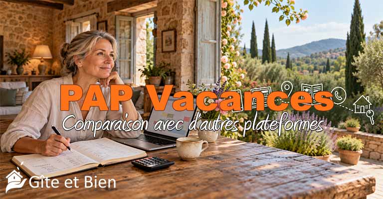 PAP Vacances comparé aux autres plateformes : dans son gîte, une propriétaire fait ses comptes, carnet et calculatrice sur la table, entourée de pictogrammes de ses canaux de réservation